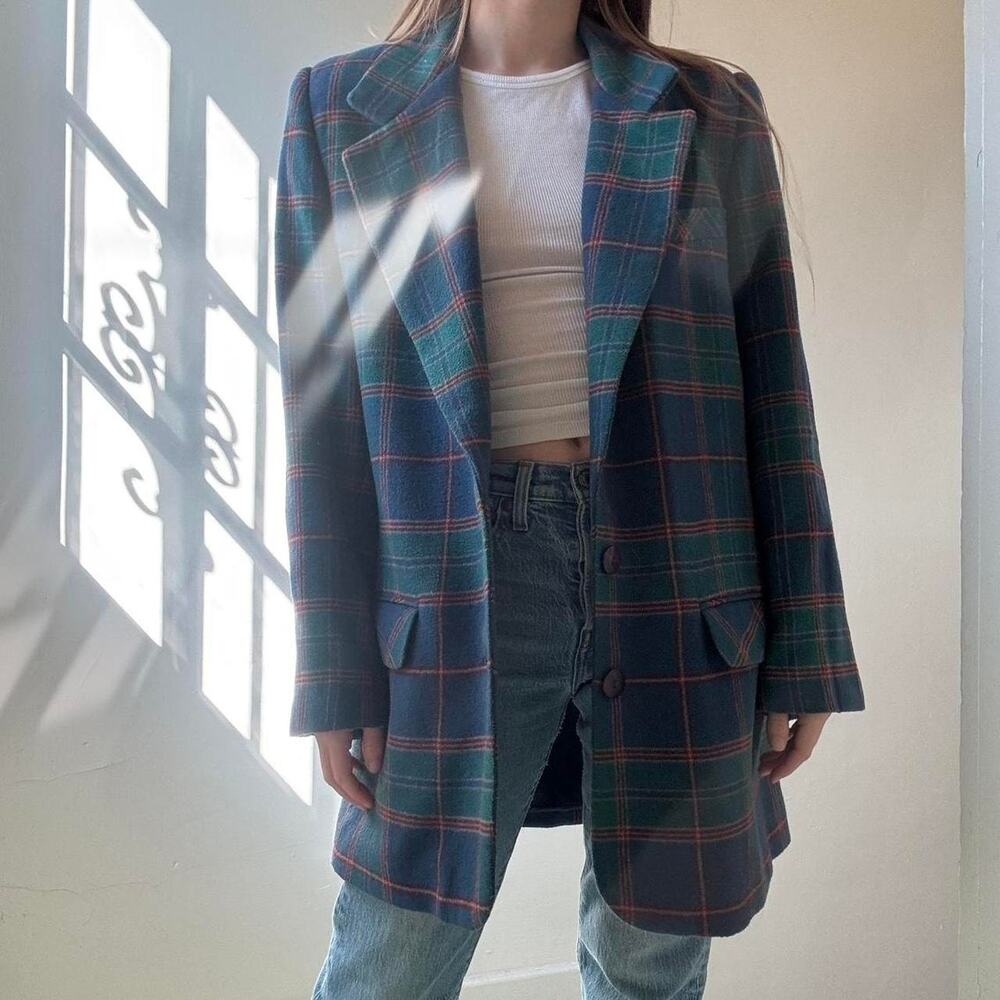 Vintage Signature Expressions Blue Green Wool Plaid Blazer 12 80s Preppy Retro